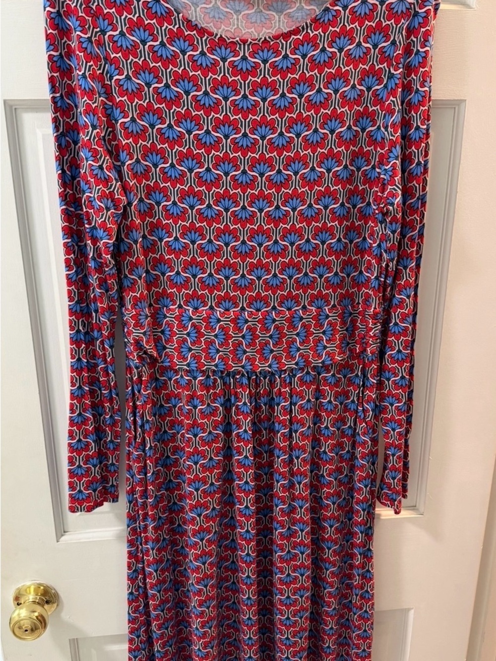 Boden Red and Blue Floral-Print Long Sleeve Knee Length